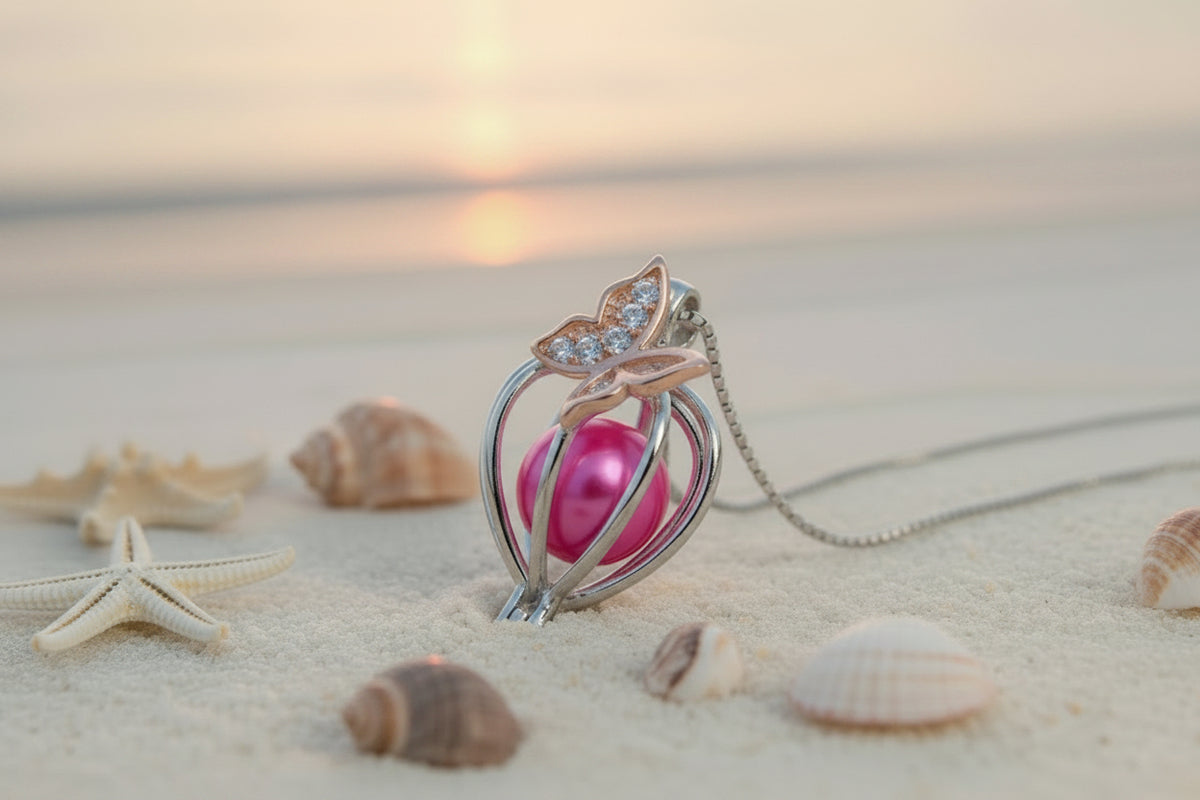 C-SS-3 Sterling Silver Rose Gold Butterfly Pearl Cage with Cubic Zirconia