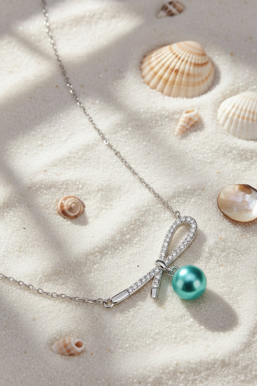 N-SS-2 Sterling Silver Ribbon Necklace with Cubic Zirconia & Dangling Pearl