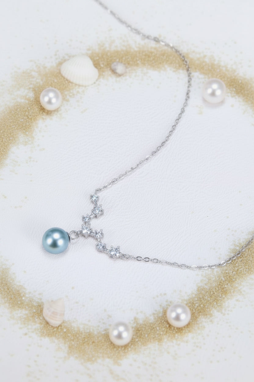 N-SS-3 Sterling Silver Star Cubic Zirconia V-Necklace with Dangling Pearl