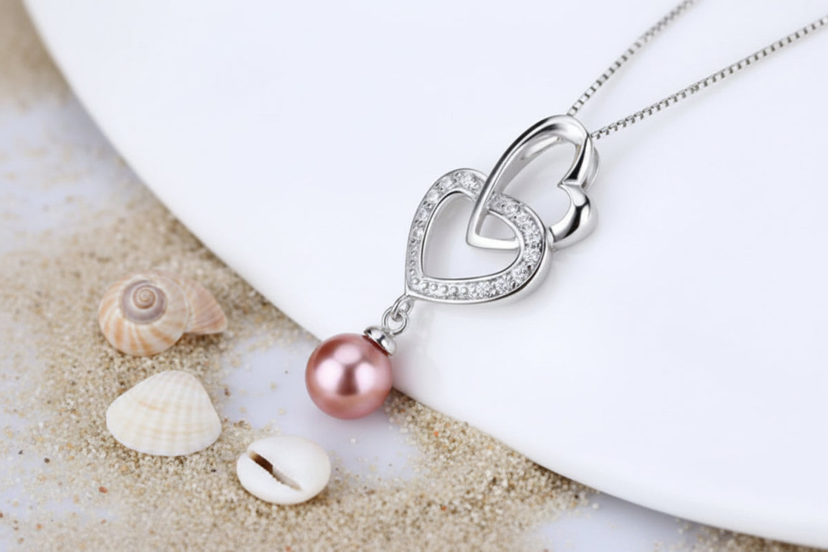 P-SS-3 Double Heart Pearl & Cubic Zirconia Pendant
