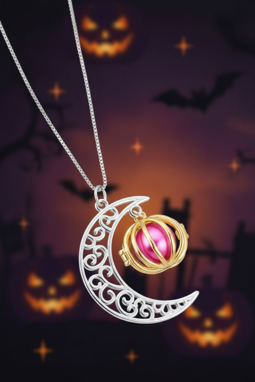 LTO-SS-4 Half Filigree Moon with Dangling Pumpkin Cage Pendant