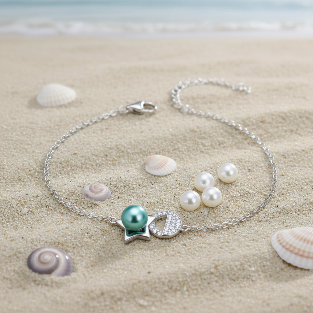 B-SS-1 | Sterling Silver Chain Bracelet with Pearl Star & CZ Half-Circle