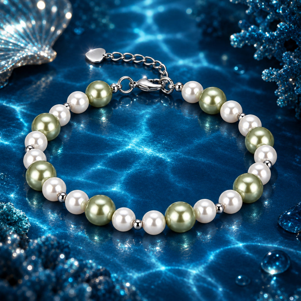 SB-1 Adjustable 8mm Shell Pearl & Crystal Bracelet
