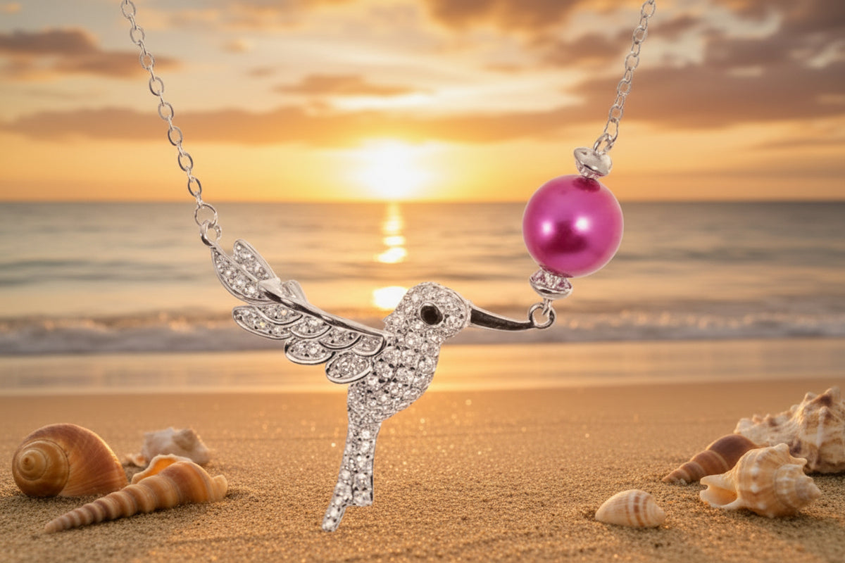 N-SS-1 | Sterling Silver CZ Hummingbird Necklace with Pearl