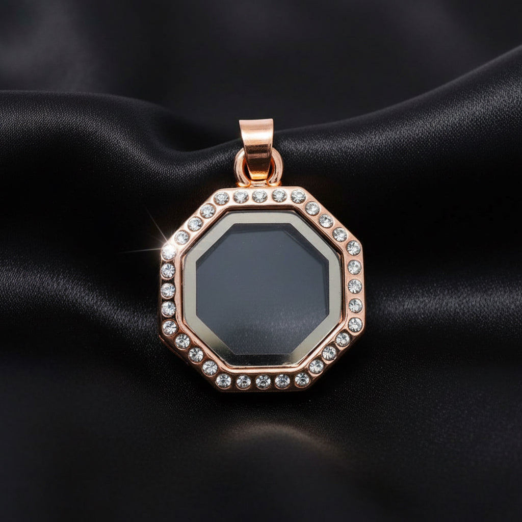 L-12 Rose Gold Octagon Rhinestone Locket Necklace