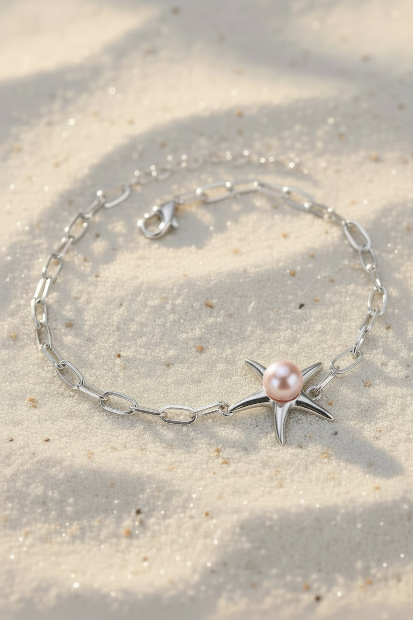 B-SS-5 Sterling Silver Starfish Chain Bracelet with Pearl