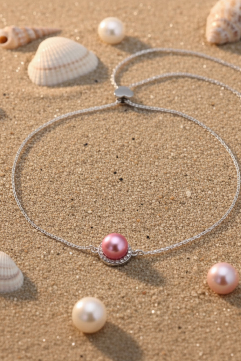 B-SS-2 | Adjustable Sterling Silver Chain Bracelet with Pearl & CZ Halo