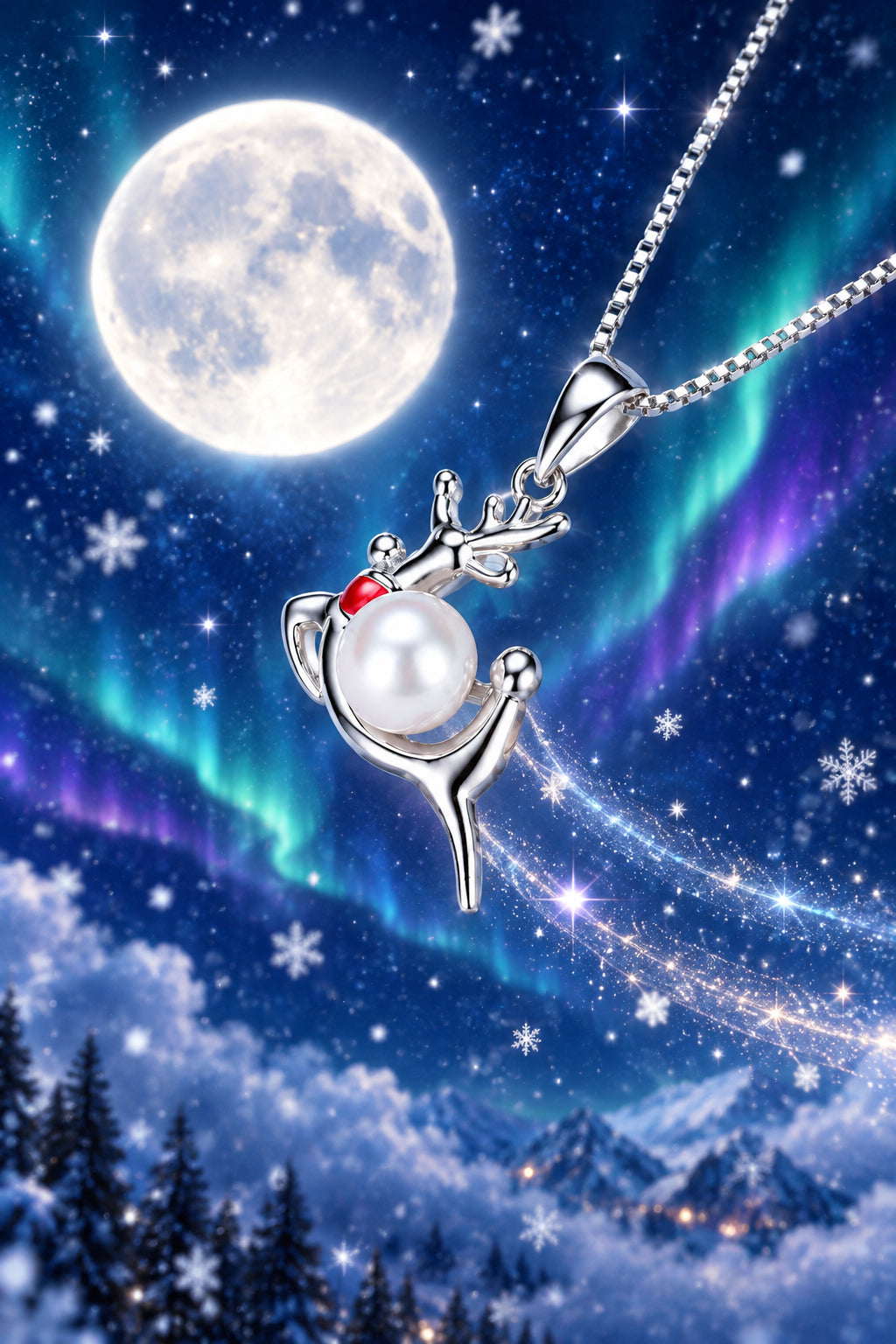 MAS-SS-4 Sterling Silver Running Reindeer Pearl Pendant