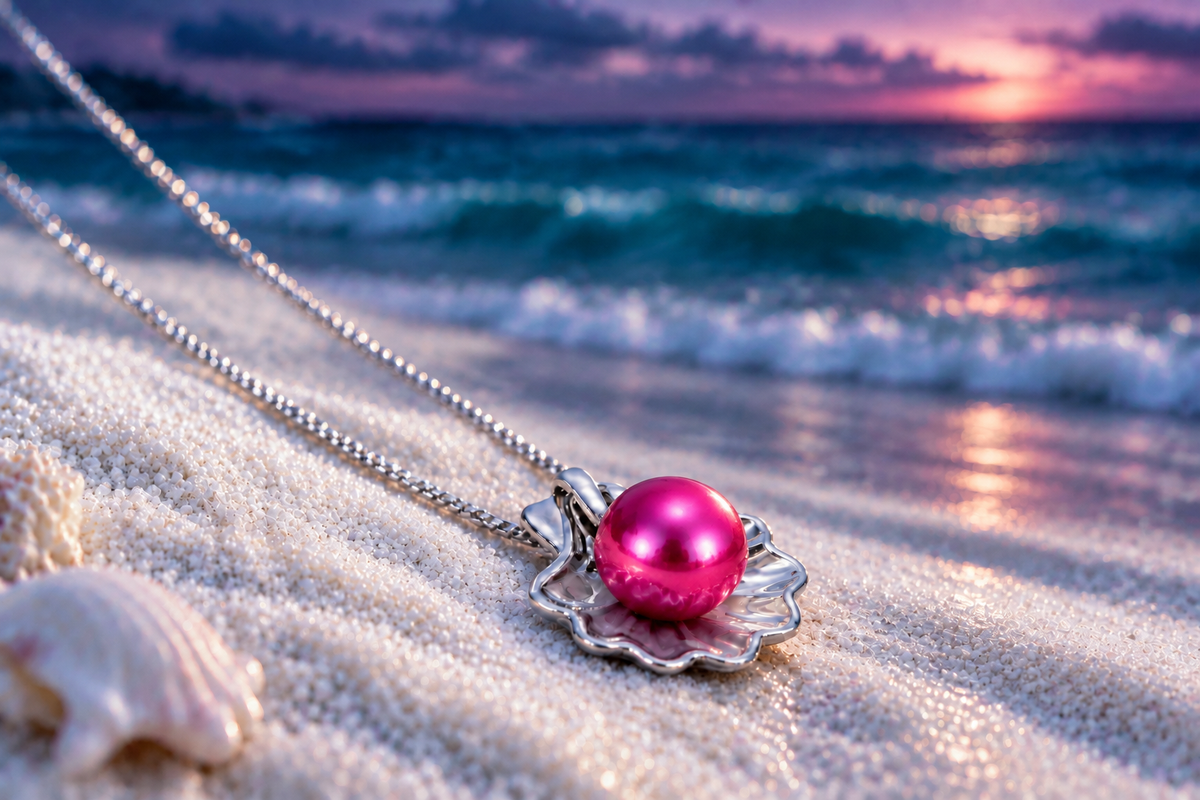 Shell Necklace with Hot Pink Pearl on Beach