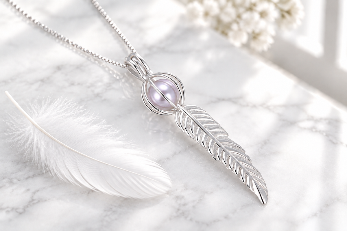 Silver Feather Cage Pendant with Lavender Pearl