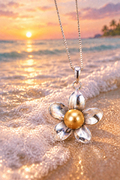 Silver Flower Pendant with Yellow Pearl on Beach