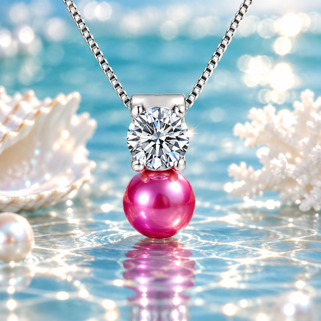 Solitaire Pendant with Hot Pink Pearl – Ocean Background