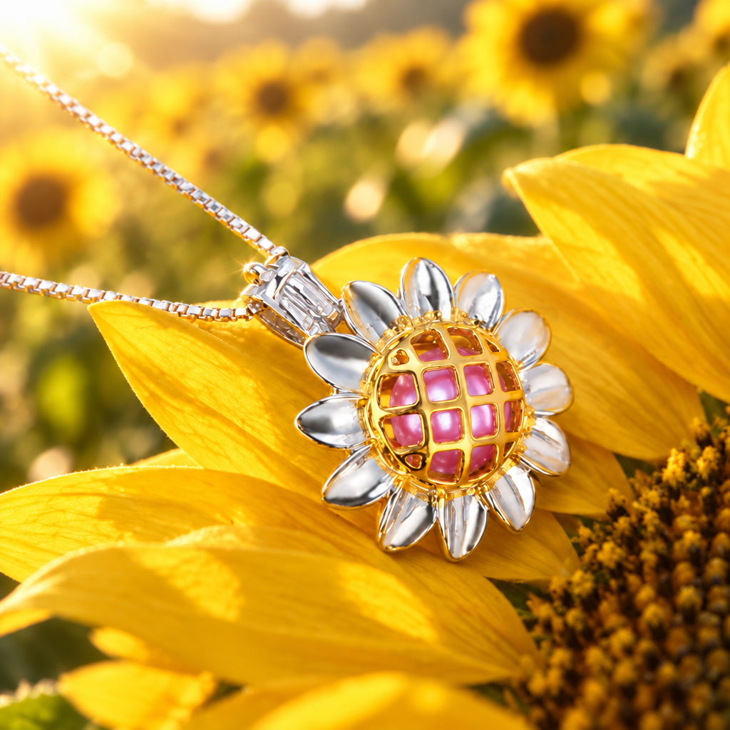 Sunflower Cage Pendant with Pink Pearl